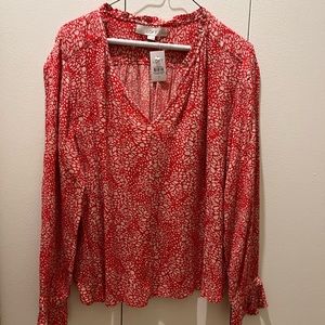 Loft :NWT L/S V-Neck ruffle collar & cuff print blouse :size PM